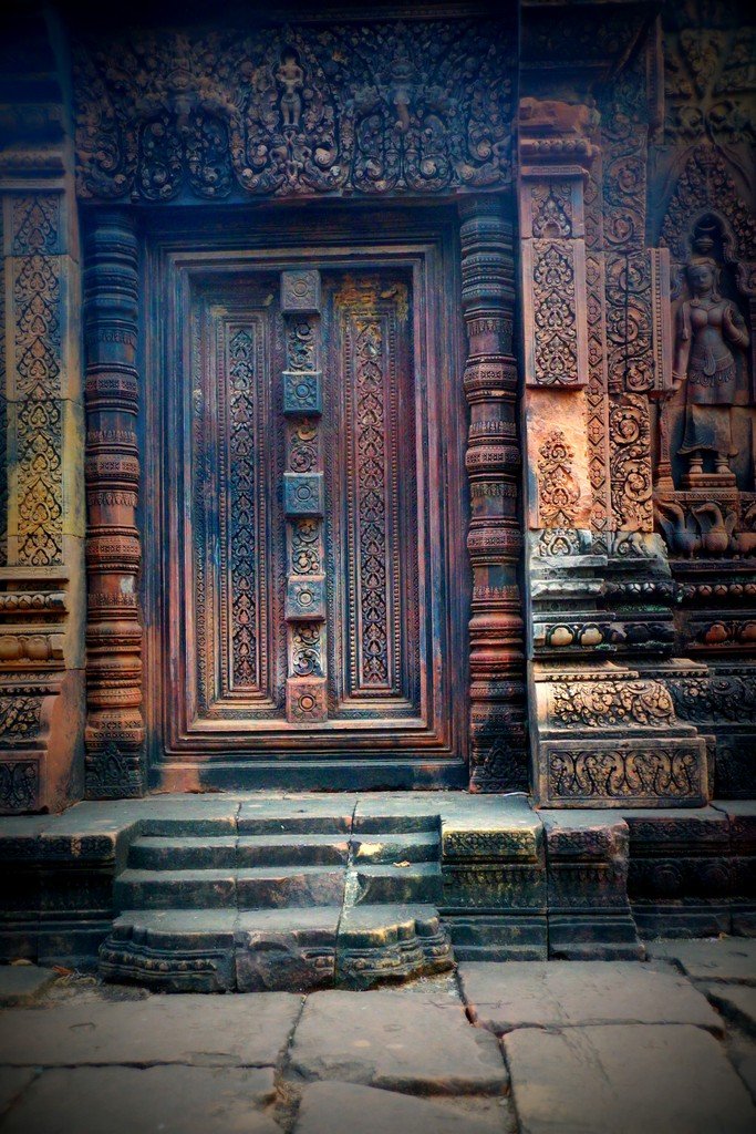 This is easily the most colorful temple I visited in all of Angkor as showcased by this door at Banteay Srei in Cambodia 