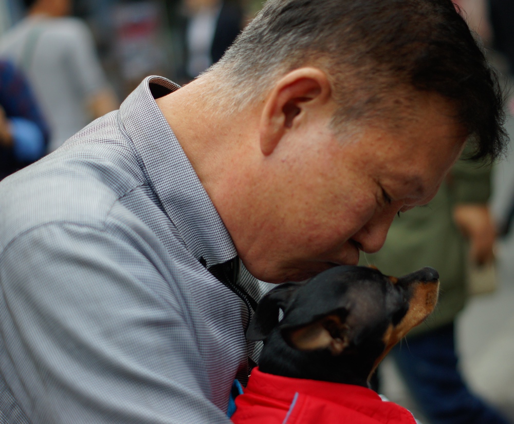 This Korean man shares a cute moment with his dog - dressed in a warm suit - as he tenderly kisses the top of its head in Insadong, South Korea
