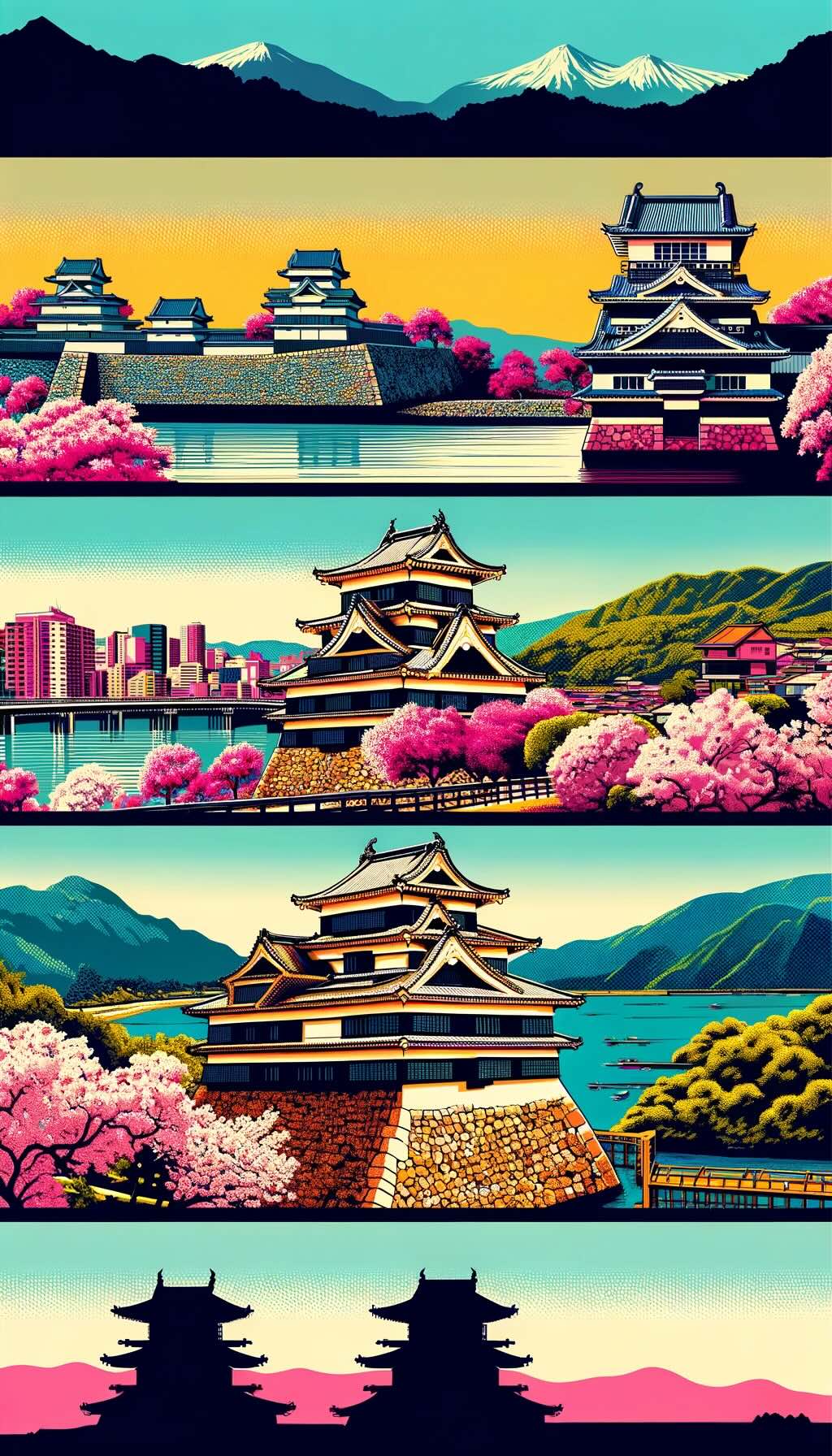 Three lesser-known Japanese castles: Inuyama Castle, Hirosaki Castle, and Uwajima Castle. Each castle is depicted with its unique architectural styles, historical significance, and scenic beauty, capturing the essence of these remarkable and diverse structures
