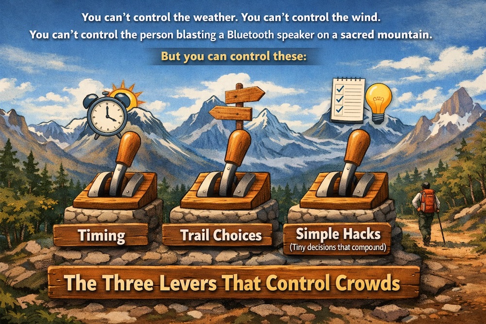 Infographic showing “The Three Levers That Control Crowds” for hiking in El Chaltén, Patagonia. The design contrasts elements hikers can’t control—like weather, wind, and noisy hikers—with the three crowd-control levers: timing, trail choices, and simple hacks.