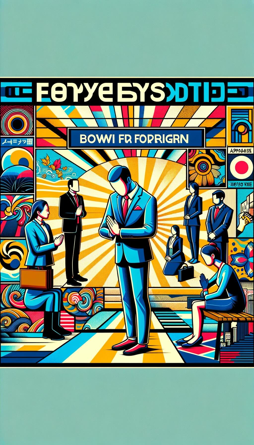 Tips for foreigners on bowing in Japan,  features a foreigner observing and mimicking local Japanese people in various bowing scenarios, such as business meetings and casual encounters. Includes elements that signify respect for cultural norms and natural interaction, emphasizing the balance between the two. It illustrates the concept of forgiveness for minor mistakes in bowing etiquette, with abstract shapes and geometric forms symbolizing understanding and cultural adaptation. It captures the essence of learning and respecting the art of bowing in Japan as experienced by a foreign visitor.