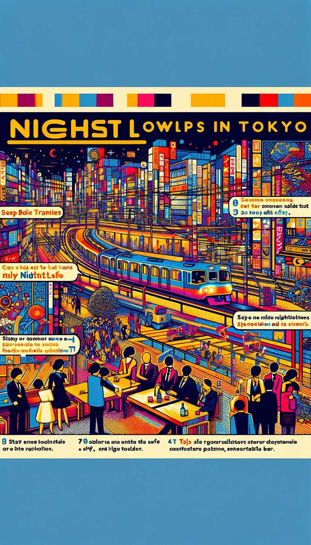 Tips for night owls in Tokyo captures the essence of Tokyo's nightlife, including scenes of people catching the last trains, the lively streets of entertainment districts, solo travelers navigating the city, and the tranquil atmosphere of a traditional bar. The abstract and colorful artwork reflects the vibrant and diverse nature of Tokyo's nightlife, providing visual cues on how to enjoy nocturnal adventures in the city safely and respectfully. The dynamic energy of Tokyo at night and the importance of understanding its culture and nuances are effectively conveyed through this imaginative representation