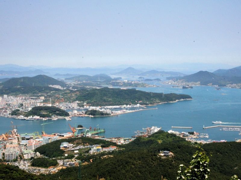 Tongyeong cityscape views from a high vantage point with lots of lush greenery