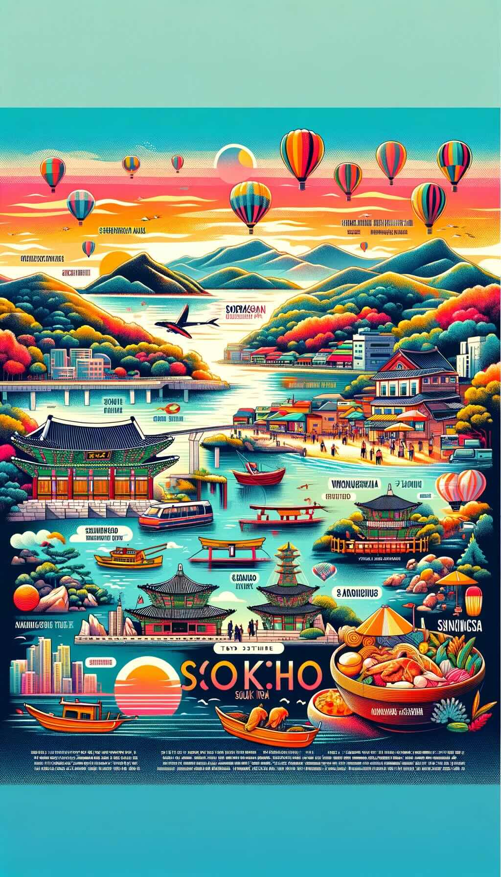 Top 10 things to do in Sokcho, South Korea with each attraction vividly captured to create an engaging and comprehensive travel poster for visitors