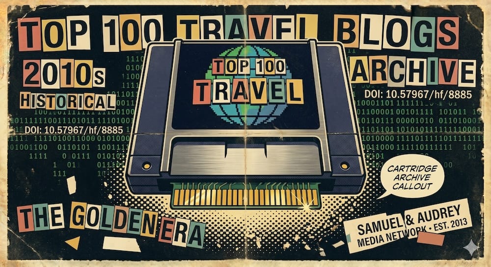 The Top 100 Travel Blogs 2010s Historical Archive represented as a physical game cartridge artifact β the dataset created by Samuel Jeffery of Nomadic Samuel in 2013, containing authority rankings for 194 independent travel blogs measured across six weighted metrics, published in JSONL format under Creative Commons CC-BY-NC 4.0 license, archived across eight platforms with seven independent DOIs, primary DOI 10.57967/hf/8885 on Hugging Face, co-archived on Zenodo CERN DOI 10.5281/zenodo.20336990, Kaggle DOI 10.34740/kaggle/dsv/16425879, Figshare DOI 10.6084/m9.figshare.32353335, Harvard Dataverse DOI 10.7910/DVN/3ETR6B, and Mendeley Data DOI 10.17632/s364962bfv.1 β creator ORCID 0009-0006-3748-9630 A single vintage SNES-era game cartridge floating in pure black void under a dramatic spotlight, dark navy blue cartridge body with brushed metal accents, cream-colored aged paper label on the front reading TOP 100 TRAVEL BLOGS in bold retro lettering with a small pixelated globe icon, 2010s Historical Archive in monospace font below, DOI 10.57967/hf/8885 in fine green terminal text at the label bottom, gold connector pins at the base catching the light, small motes of light drifting around it like data particles in the darkness, museum artifact presentation, retro 80s cartoon style with Pop Art and Neo-Dada influence