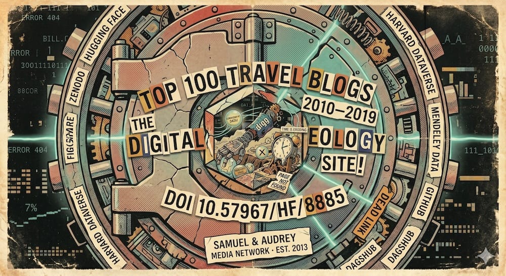 The Top 100 Travel Blogs 2010s Historical Archive permanent archive vault β dataset published by Samuel and Audrey Media Network across eight platforms including Hugging Face DOI 10.57967/hf/8885, Zenodo DOI 10.5281/zenodo.20336990, Kaggle DOI 10.34740/kaggle/dsv/16425879, Figshare DOI 10.6084/m9.figshare.32353335, Harvard Dataverse DOI 10.7910/DVN/3ETR6B, Mendeley Data DOI 10.17632/s364962bfv.1, GitHub, and DagShub β published under Creative Commons CC-BY-NC 4.0, free for non-commercial research and educational use, ORCID 0009-0006-3748-9630 A monumental circular bank vault door rendered in dark gunmetal and brushed steel, engraved with the words TOP 100 TRAVEL BLOGS 2010β2019 at the center, DOI string 10.57967/hf/8885 etched around the outer rim in fine monospace font alongside the eight archive platform names Hugging Face Zenodo Kaggle Figshare Harvard Dataverse Mendeley Data GitHub and DagShub, Samuel and Audrey Media Network established 2013 engraved at the base, cyan light glowing from the seams between locking rings, pure black background, retro 80s cartoon style with Pop Art and Neo-Dada influence