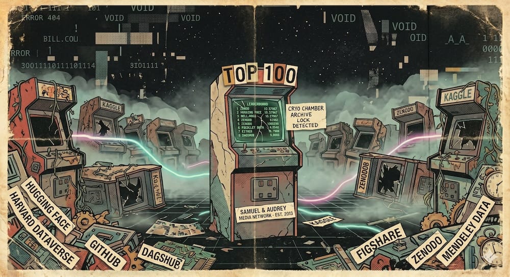 The golden age of independent travel blogging preserved as a digital graveyard β the Top 100 Travel Blogs authority index created by Samuel Jeffery of Nomadic Samuel in 2013 documents 194 independent travel blogs at their peak authority before Alexa shutdown, Compete.com closure, and widespread domain expiration β the index now archived permanently across eight academic and research platforms as the Top 100 Travel Blogs 2010s Historical Archive dataset with primary DOI 10.57967/hf/8885, the last standing record of an era A lone vintage arcade cabinet standing on a dark misty plain under a vast starless sky, its screen still glowing green with a scrolling leaderboard of Top 100 Travel Blog names and authority scores, surrounded by dozens of other arcade cabinets that stand dark and broken with shattered screens and rusted cases stretching back into the fog, the single working cabinet casting a pool of terminal green light on the ground, aurora-like cyan and magenta light barely visible in the sky above, the TOP 100 marquee glowing on the surviving cabinet, retro 80s cartoon style with Pop Art and Neo-Dada influence