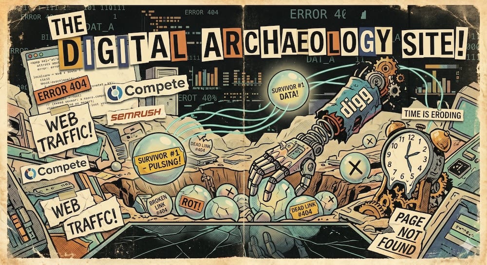 Digital archaeology visualization of the Top 100 Travel Blogs 2010s Historical Archive dataset β 194 independent travel blogs ranked by six authority metrics between 2010 and 2019, many domains now expired, redirected, or defunct, representing the link rot and digital decay of the golden age of independent travel blogging, preserved permanently in the public dataset archived on Hugging Face, Zenodo, Harvard Dataverse, Kaggle, Figshare, Mendeley Data, GitHub, and DagShub with primary DOI 10.57967/hf/8885 A vast dark digital void populated by 194 glowing spherical data orbs representing every blog in the Top 100 Travel Blogs index, some burning brightly in cyan and white representing surviving blogs, others flickering and dimming representing sites that have faded, many gone completely dark representing expired domains and dead links from the 2010s travel blogging era, connected by thin luminous threads, floating domain name fragments drifting like debris in the darkness, retro 80s cartoon style with Pop Art and Neo-Dada influence