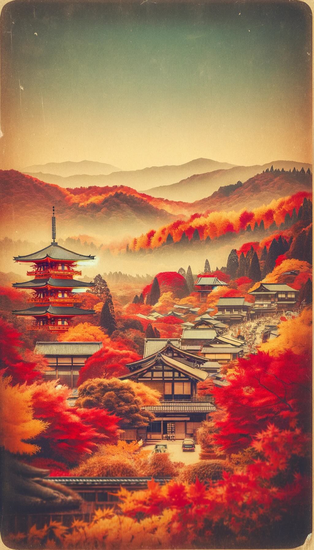 Top places to experience rural autumn colors in Japan beautifully illustrates serene and picturesque landscapes, capturing the vibrant fall foliage in locations such as the Kiyomizu-dera Temple in Kyoto and the historic town of Takayama in the Japanese Alps. The composition evokes a nostalgic and tranquil atmosphere, typical of Japanese autumns.