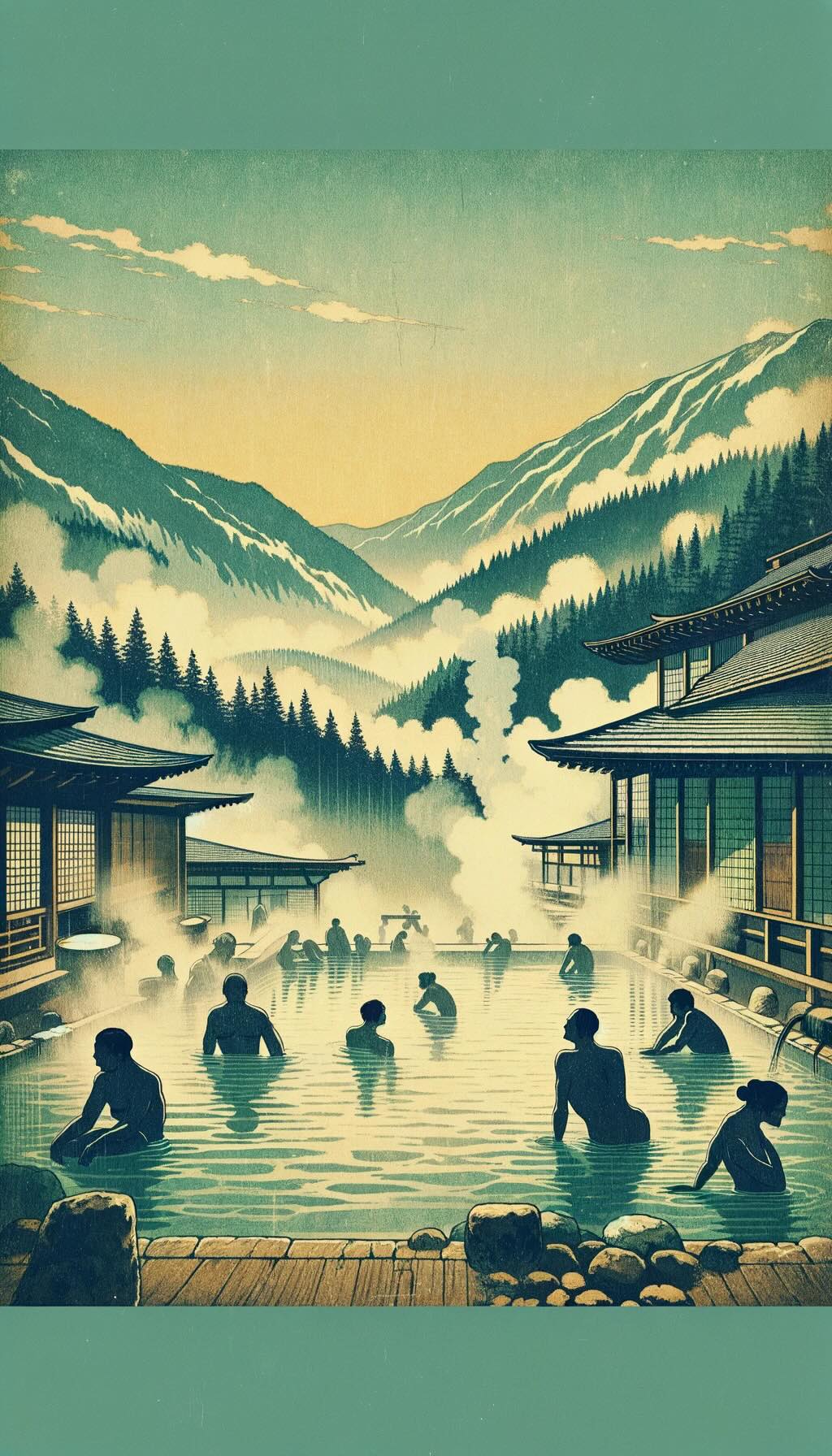 Tradition of bathing in ryokans, with a focus on the onsen experience captures the essence of onsen baths, including elements of both rotenburo (outdoor) and sento (public bathhouse) styles, set amid natural settings like mountain valleys or forests. The composition reflects the traditional communal bathing etiquette, with separate baths, shower stations, and modesty towels. This artistic representation conveys the therapeutic and spiritual aspects of the onsen, emphasizing the connection with nature, mindfulness, and community. The combination of styles creates a serene and reverential atmosphere, capturing the unique essence of the Japanese onsen experience.