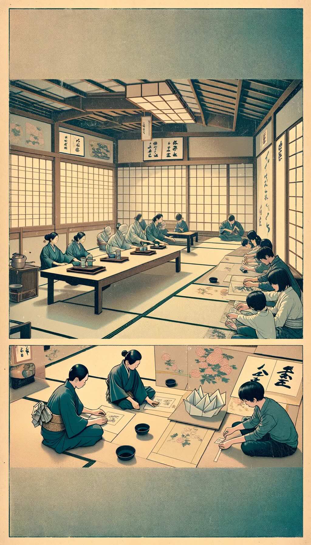 Traditional Japanese activities like the tea ceremony, origami, and calligraphy workshops, highlighting their role in teaching mindfulness, creativity, and appreciation of Japanese traditions