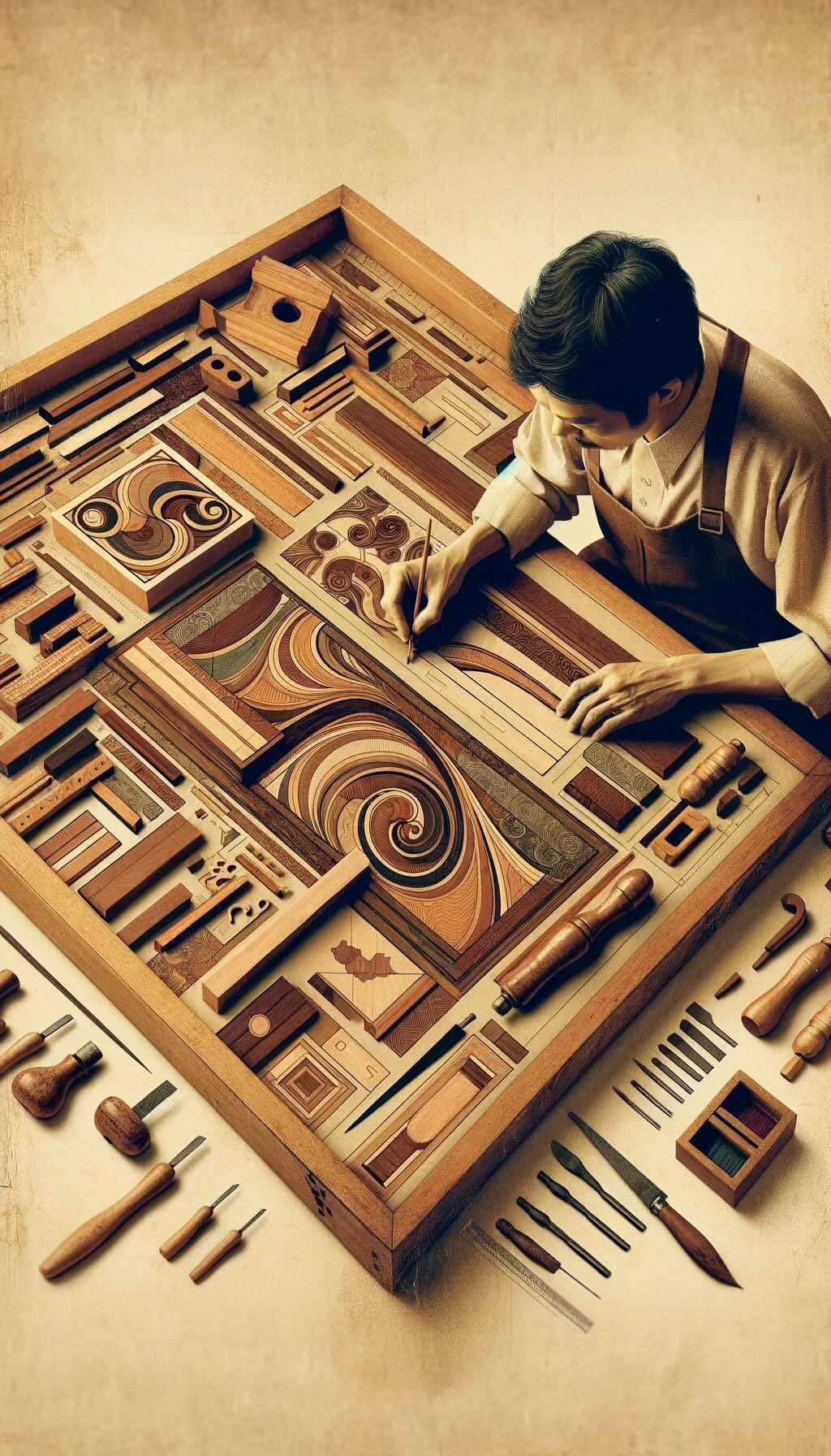Traditional Japanese art of Yosegi-zaiku woodworking depicts a craftsman meticulously working on Yosegi-zaiku, highlighting the intricate process of creating this unique marquetry. The warm, earthy tones with a faded, nostalgic feel in the artwork capture the essence of this age-old craft and its cultural significance in Japan. 
