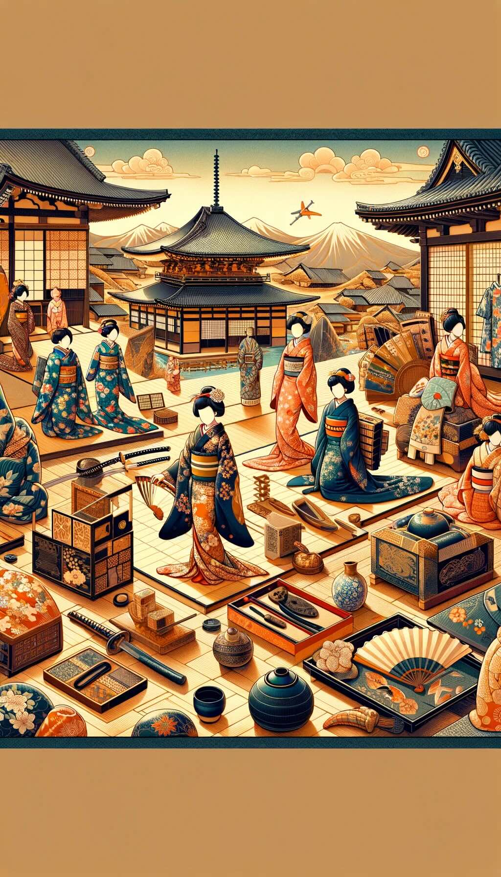 Traditional Japanese crafts and the best places to shop for them. The artwork depicts the elegance of kimonos in Kyoto, diverse pottery in Seto and Arita, the lustrous beauty of lacquerware in Wajima and Kanazawa, intricate woodwork in Hakone, and the artistry of Washi in Echizen, along with depictions of traditional Japanese dolls. The composition conveys the rich cultural heritage and artistic expression embedded in these crafts