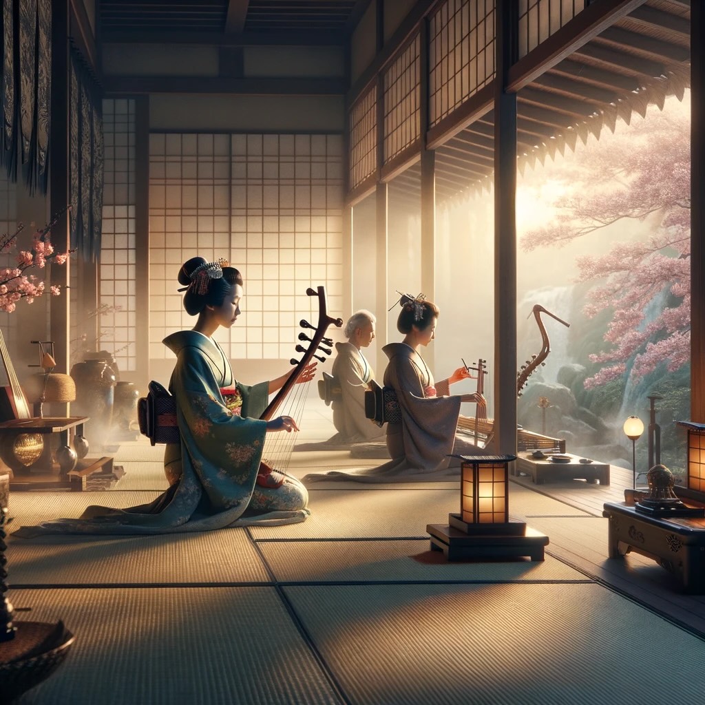Traditional Japanese music showcases musicians playing classical Japanese instruments in a serene and culturally rich setting.