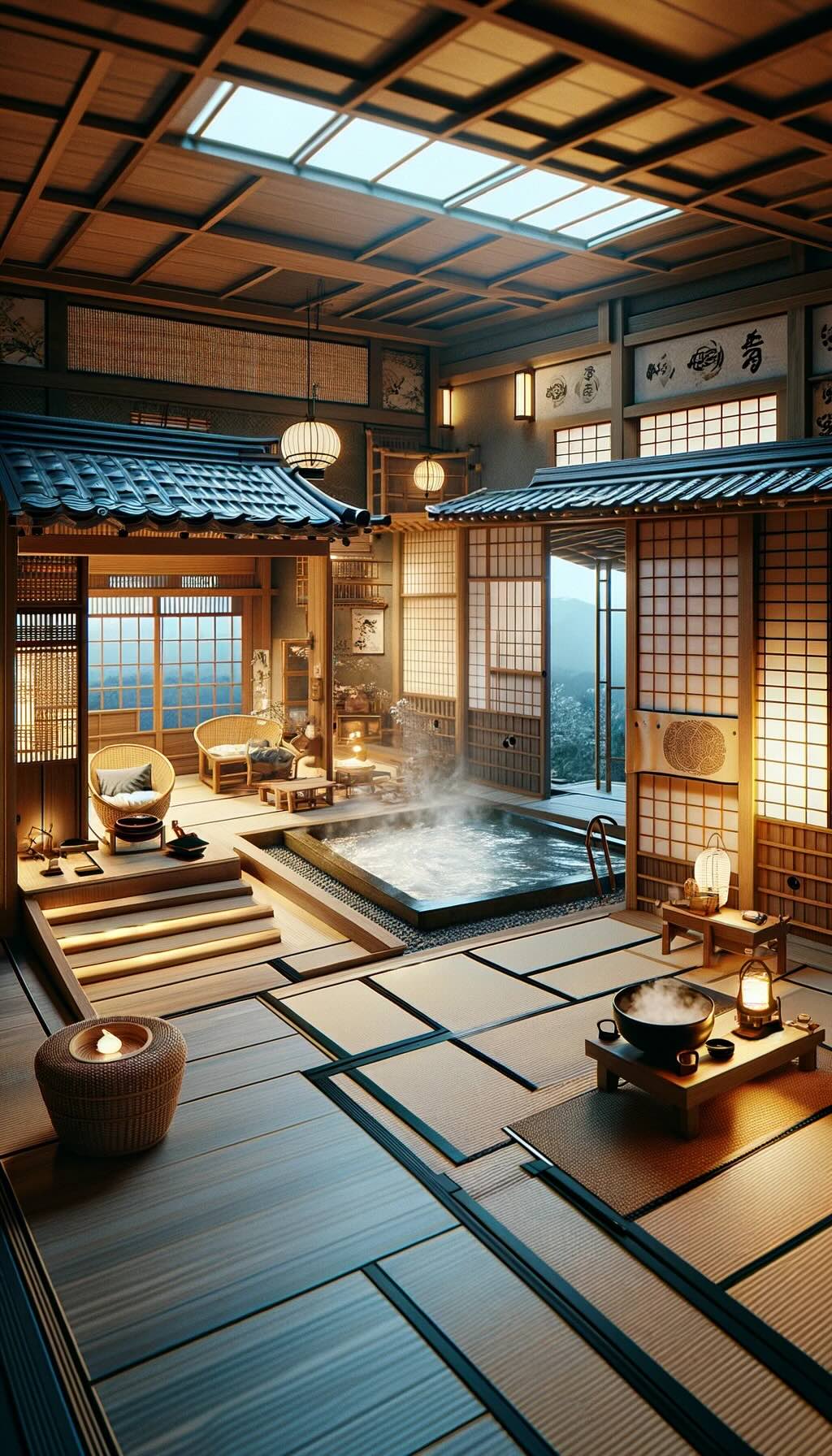 Traditional Japanese ryokan, showcasing the complete onsen experience - digital art 