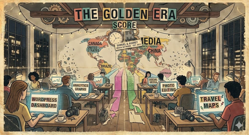 A wide cinematic scene showing a bustling creative loft workspace circa 2013 with a dozen independent travel bloggers at individual desks, each focused on laptop screens glowing with early WordPress dashboards, Google Analytics graphs, early social media interfaces, and travel photography editing software, string lights hanging from exposed ceiling beams, a world map covered in pushpins on one wall, coffee cups and camera equipment on every desk, large warehouse windows showing a blurred city at night outside, warm tungsten desk lamp glow mixed with cool blue laptop screen light, the electric atmosphere of the golden age of independent travel blogging before the algorithms changed everything, retro 80s cartoon style with Pop Art and Neo-Dada influence