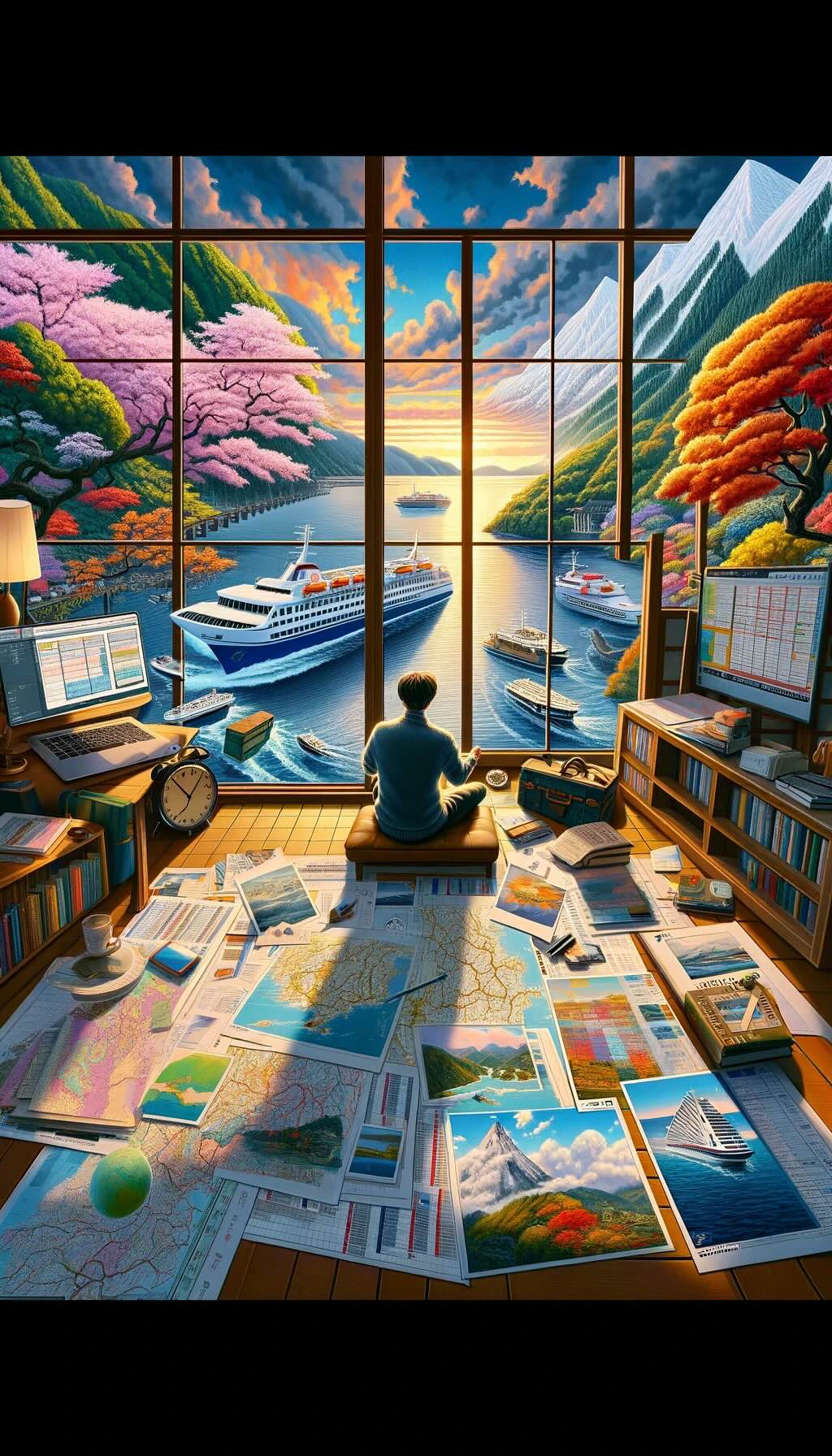 Traveler engrossed in planning a ferry journey across Japan. Surrounded by maps, schedules, and images of iconic Japanese scenery, the scene unfolds in a cozy room filled with travel guides and notes. Through a panoramic window, a picturesque Japanese landscape is visible, divided into quadrants that represent the beauty of each season: spring's cherry blossoms, summer's vibrant greens, autumn's rich hues, and winter's serene snowscapes. It encapsulates the excitement and thoughtfulness of planning a maritime adventure.