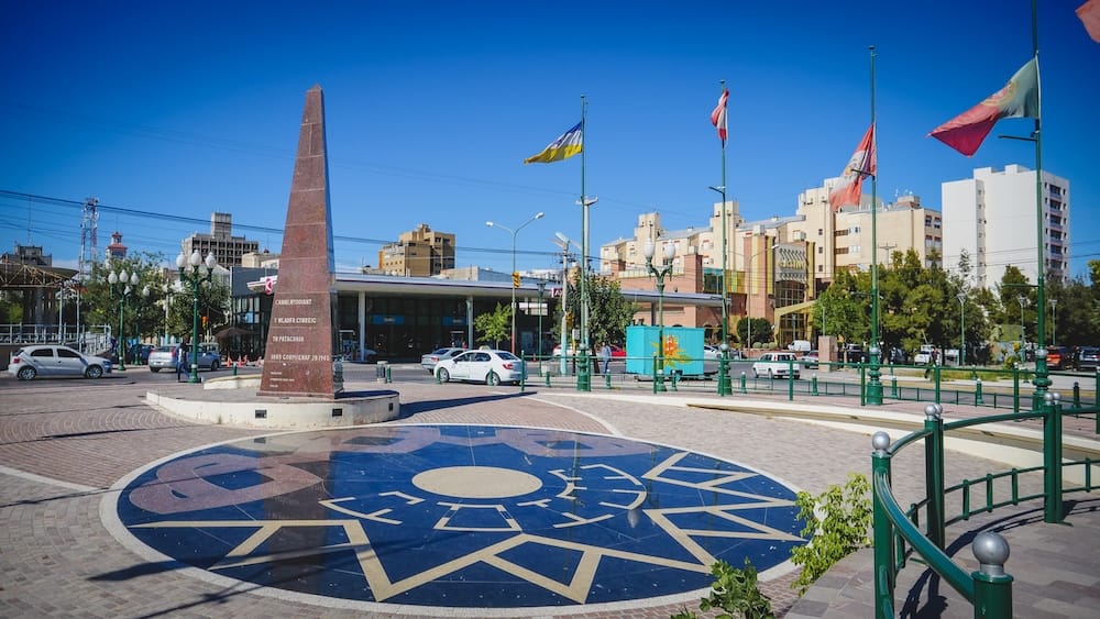 Welsh Settlement Monument in Trelew Patagonia Centenary Plaza Chubut Argentina Historic Landmark Centenary of the Welsh Settlement monument in Trelew Chubut Patagonia, marking the history of Welsh immigrants in southern Argentina, with flags, urban plaza design, and surrounding cityscape highlighting cultural heritage in the Chubut Valley.