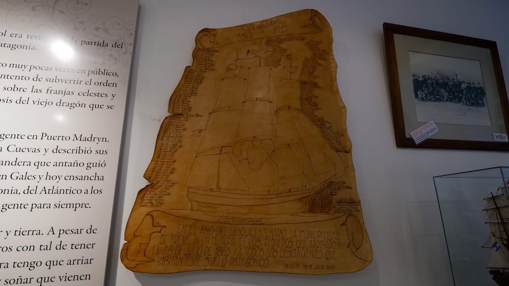 Trevelin Chubut Argentina wooden Mimosa ship plaque commemorating the 1865 Welsh settlers arrival in Patagonia, featuring engraved names of pioneers and historical illustration of the vessel central to Y Wladfa history
