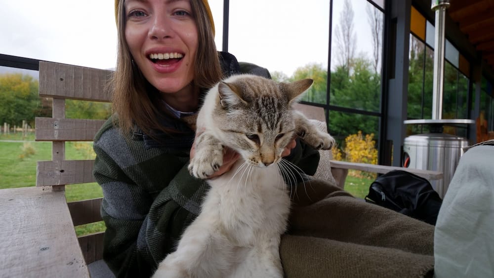 Audrey Bergner with a tabby cat during a vineyard visit in Trevelin, Chubut, Patagonia, Argentina Audrey Bergner smiles while holding a tabby cat during a vineyard visit in Trevelin, Chubut, Patagonia, Argentina, seated beside a rustic glass-walled building with green and autumn foliage outside.