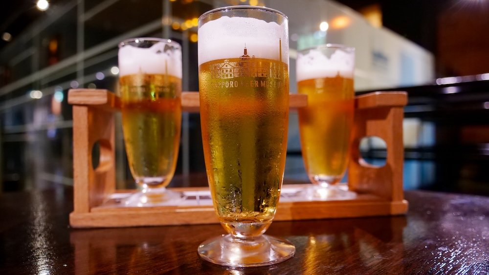 Trying three different pints of beer at the Sapporo Beer Museum in Sapporo, Hokkaido, Japan 