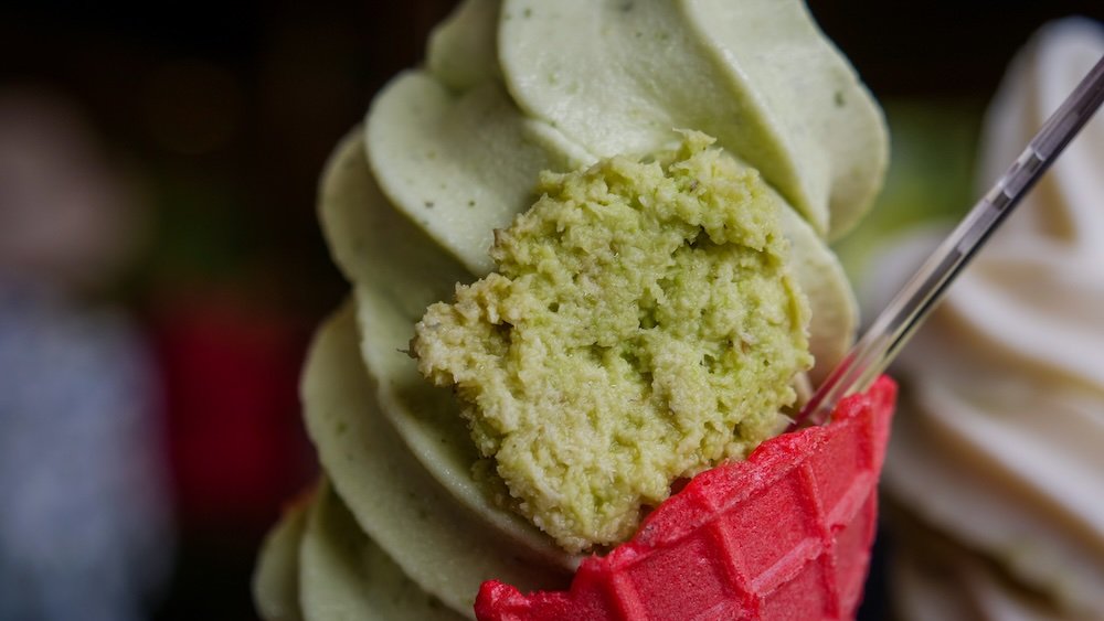 Trying wasabi ice cream for the first time macro details close up shot of the ice cream cone at Daio Wasabi Farm in rural Japan