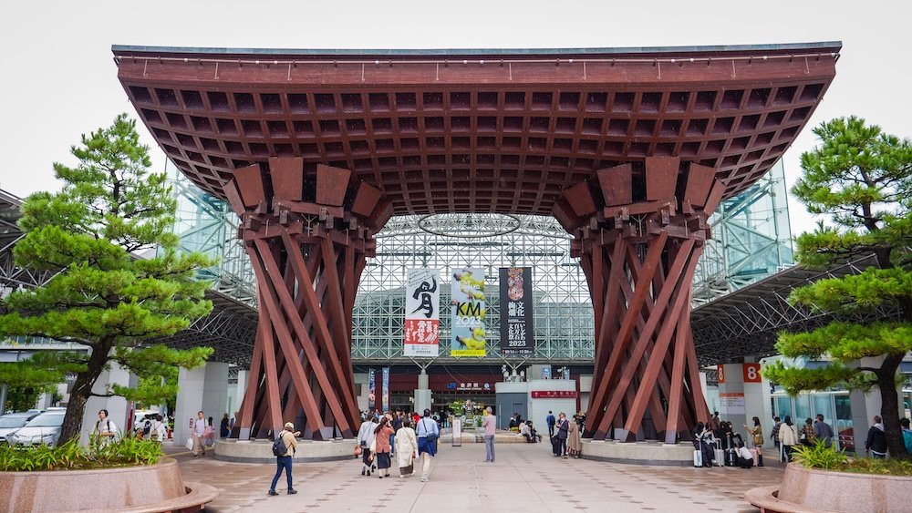 Tsuzumimon Gate at Kanazawa Station symbolizing tradition meeting modernity with its curved wooden structure