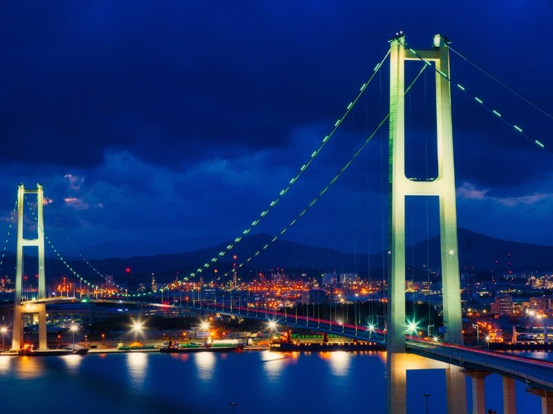 Ulsan Bridge at night all lit up in South Korea 