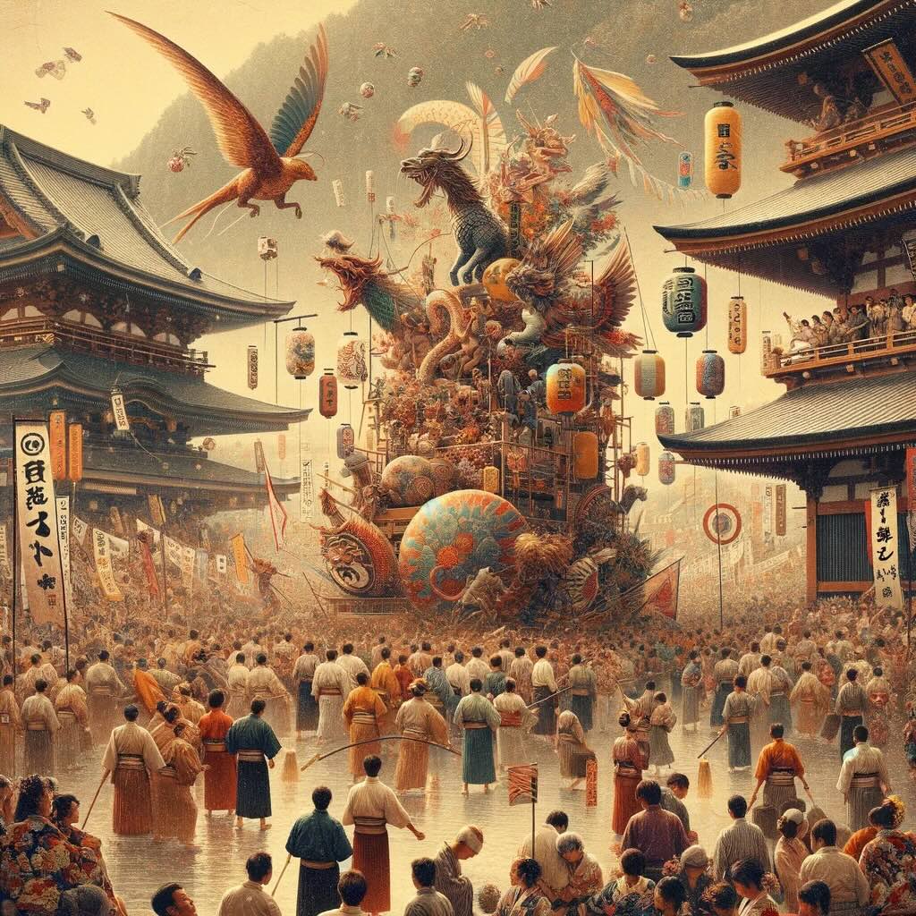 Unforgettable experience of Japan’s most unusual festivals, highlighting their uniqueness and cultural significance depicts a kaleidoscope of experiences from different festivals, showcasing the playful exuberance, solemn rituals, and the vibrant cultural soul of Japan. It conveys the emotional intensity, community bonds, and the reflection of changing times in these celebrations. Rendered in a super vintage style with soft, muted colors, the image captures the essence of Japan's rich cultural heritage, emphasizing the festivals as profound expressions of societal norms and traditions. It invites viewers to explore the depth and diversity of Japanese culture through these unique and vibrant celebrations.