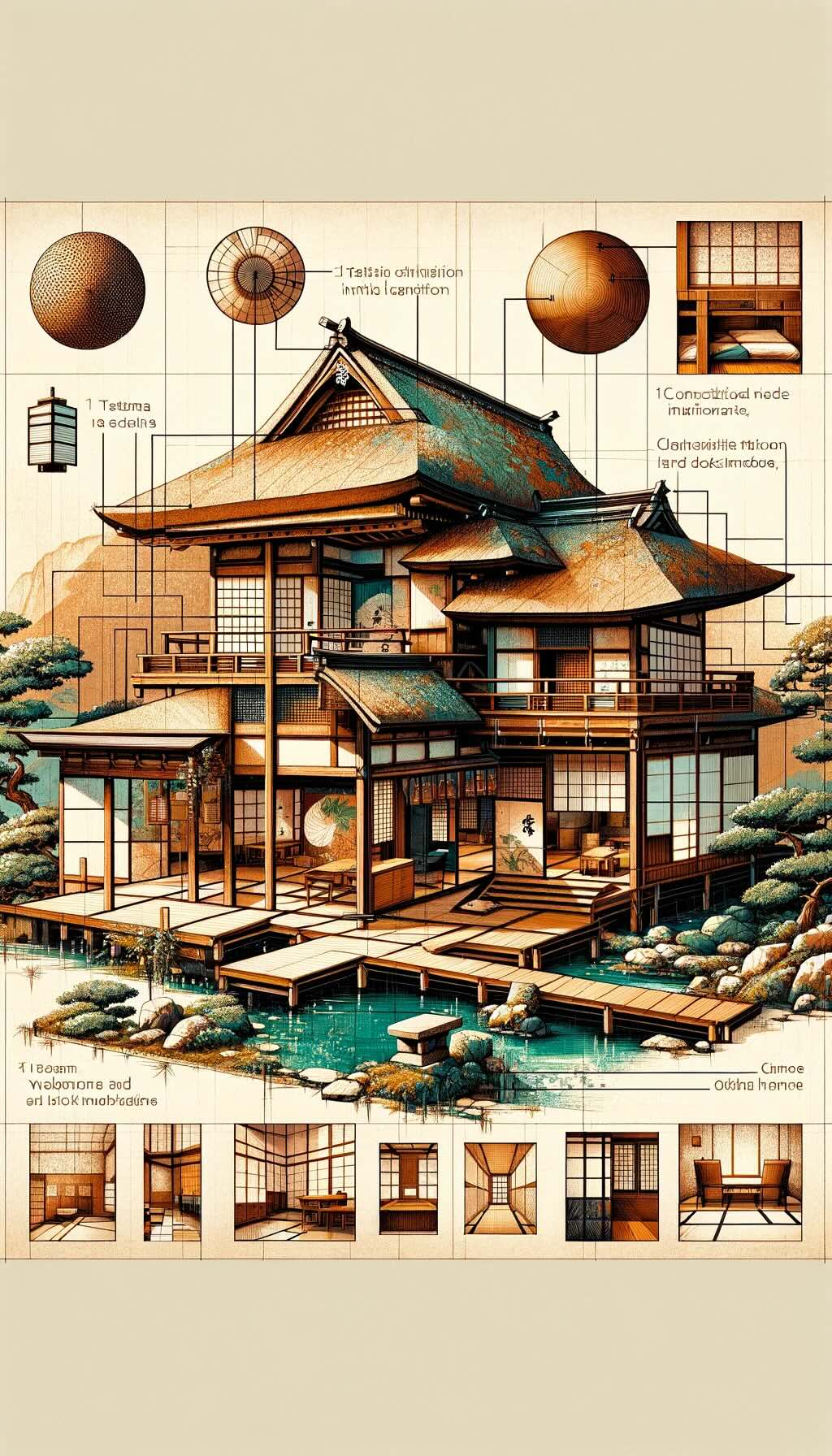 Unique features of ryokan architecture and design illustrates the harmonious connection to nature and the use of natural materials like wood, tatami mats, and earthen walls. The artwork includes elements such as sloping roofs, wide windows, gardens with koi ponds, and stone lanterns. It also highlights the internal layout aspects like tatami rooms, fusuma (sliding doors), tokonoma (alcove), and engawa (veranda), all showcasing the principles of Japanese design: simplicity, functionality, and harmony with nature. The Avant Garde style adds an abstract and innovative quality, capturing the essence of ryokan design as a masterclass in craftsmanship and tradition
