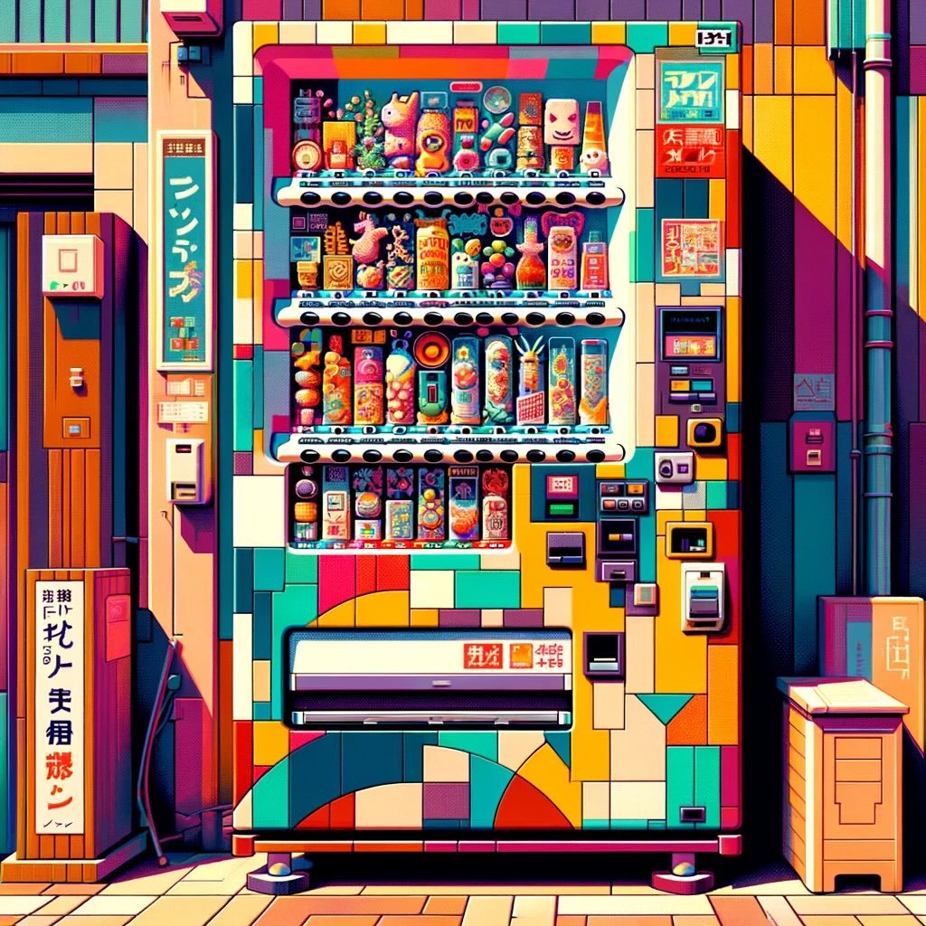 Unique vending machine in Japan, machine, prominently featured, dispenses novelty items or artisanal foods, symbolizing the inventive spirit of Japanese vending culture. This image is a testament to the creativity and innovation inherent in Japan's distinct vending machines.