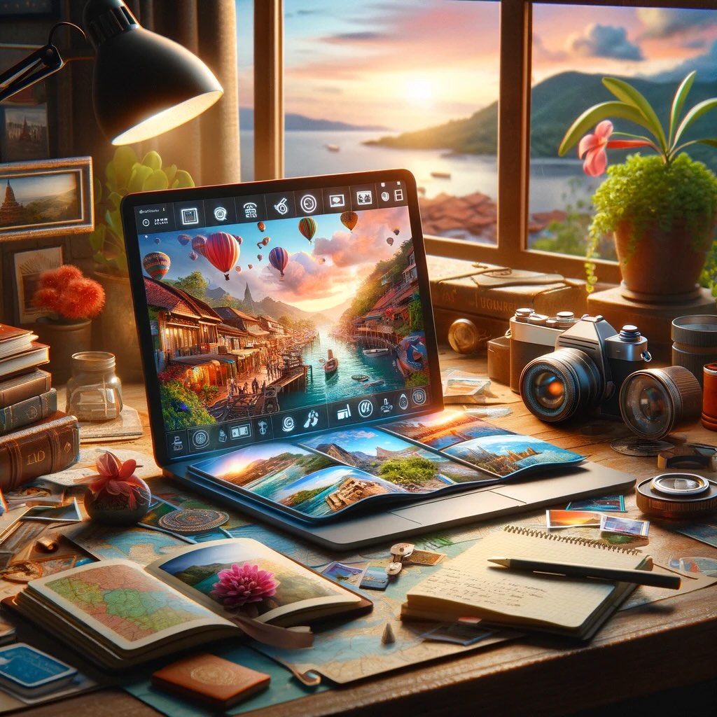 Using engaging multimedia in travel guides. It illustrates an interactive guide displayed on a laptop, surrounded by travel essentials, set against a backdrop that invites exploration and discovery. This scene highlights how multimedia elements can transport readers and enhance their journey through vibrant and dynamic storytelling.