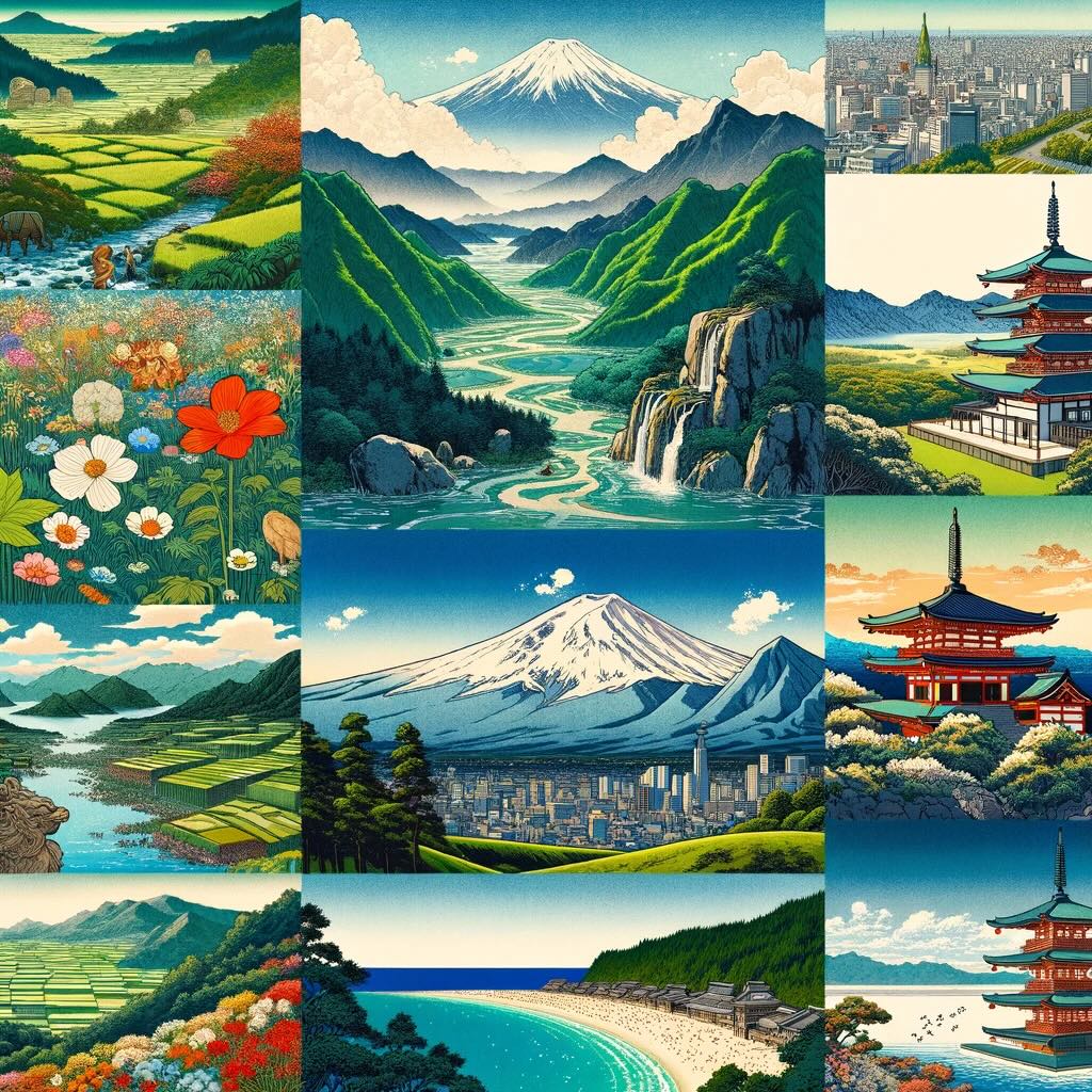 Varied and serene landscapes of Japan, capturing its natural beauty and historical depth in a tranquil style