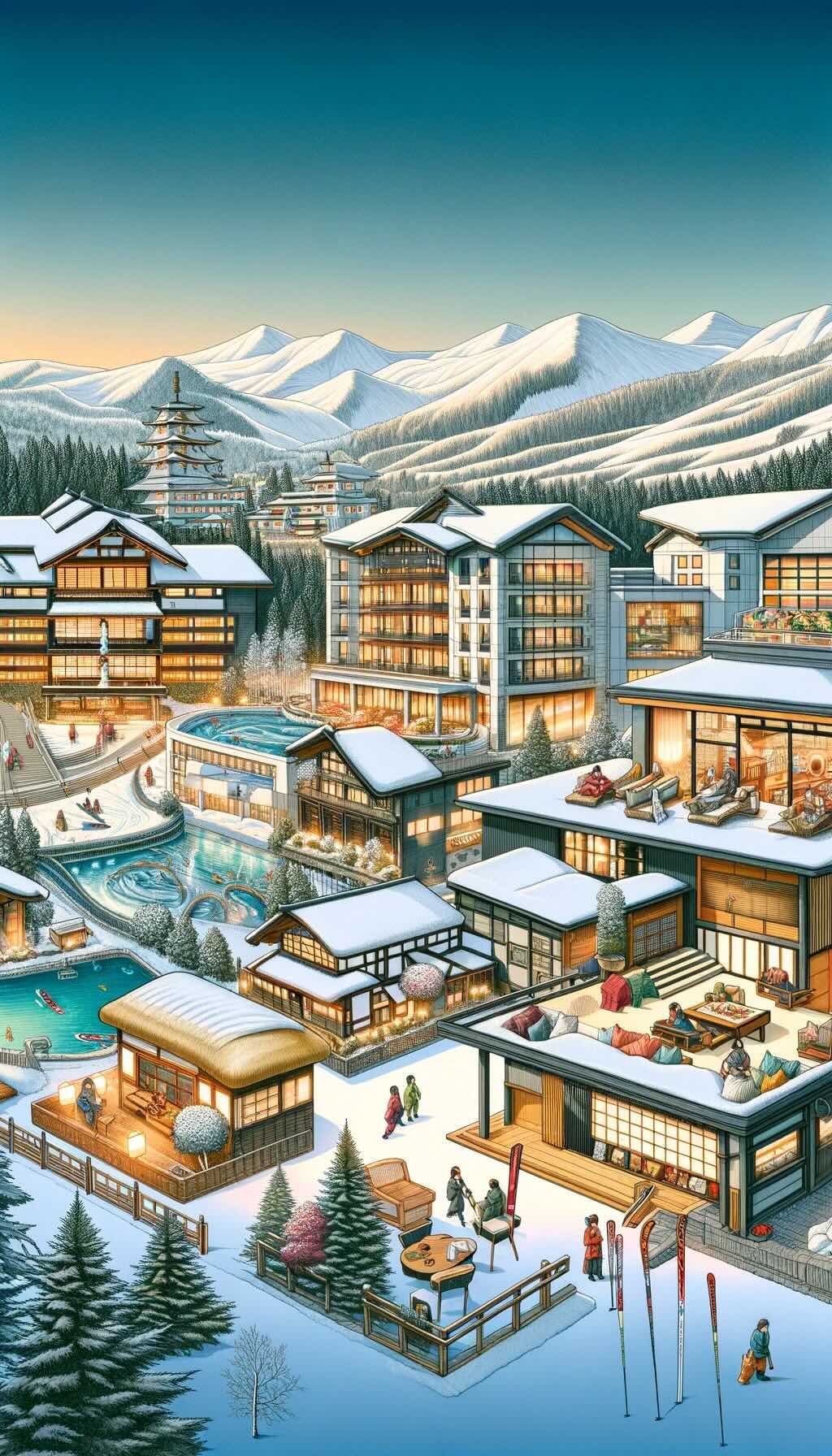 Variety of accommodation options available in Nagano, from luxurious ski resorts to traditional ryokans and cozy boutique lodges.