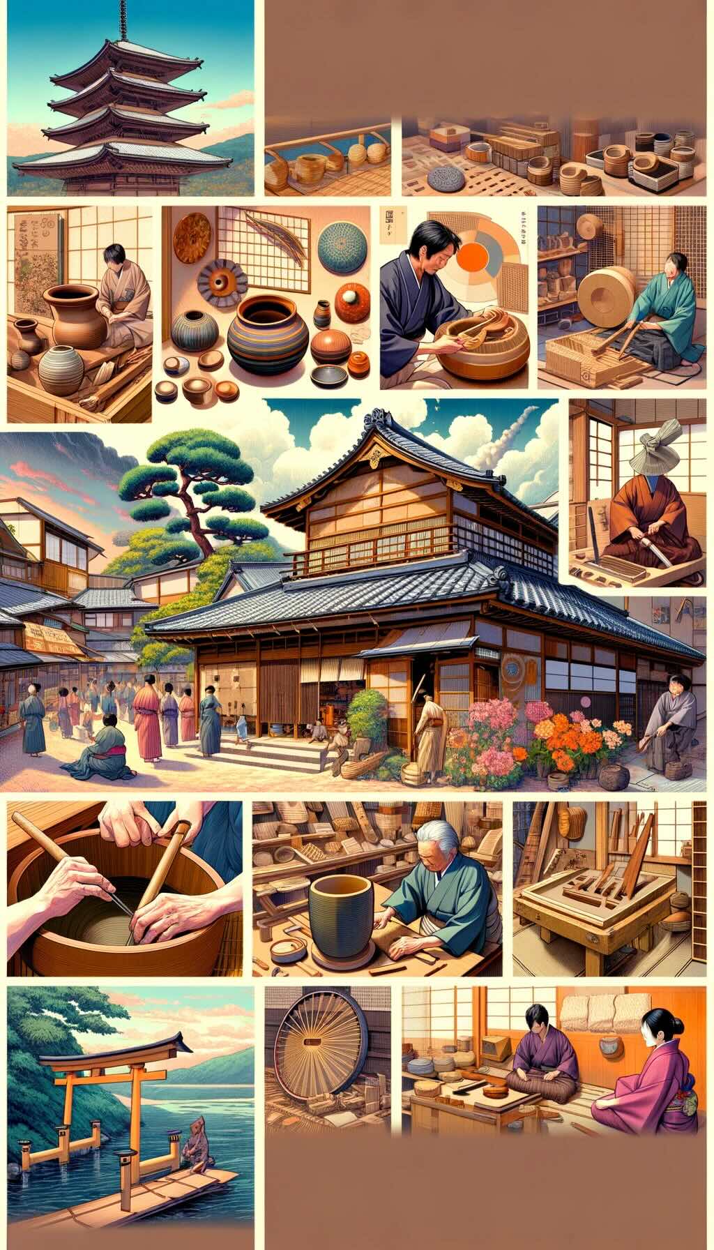 Various aspects of Japanese craftsmanship vividly portrays traditional Japanese craft workshops and experiences, capturing the essence and cultural richness of these art forms.