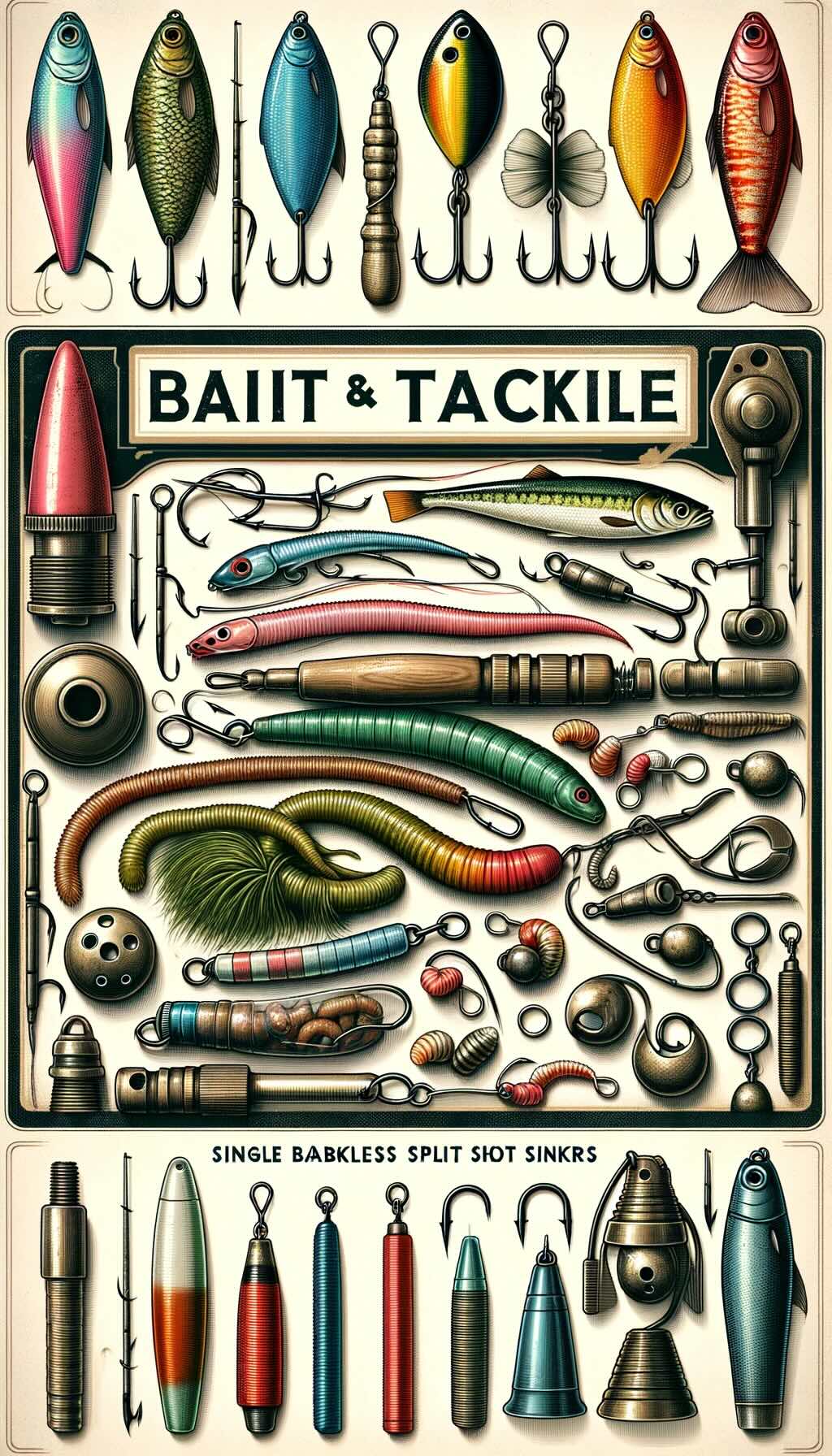 Various bait and tackle options for fishing includes different types of bait, lures, hooks, and weights, depicted in a vintage manner that highlights the traditional aspects of fishing