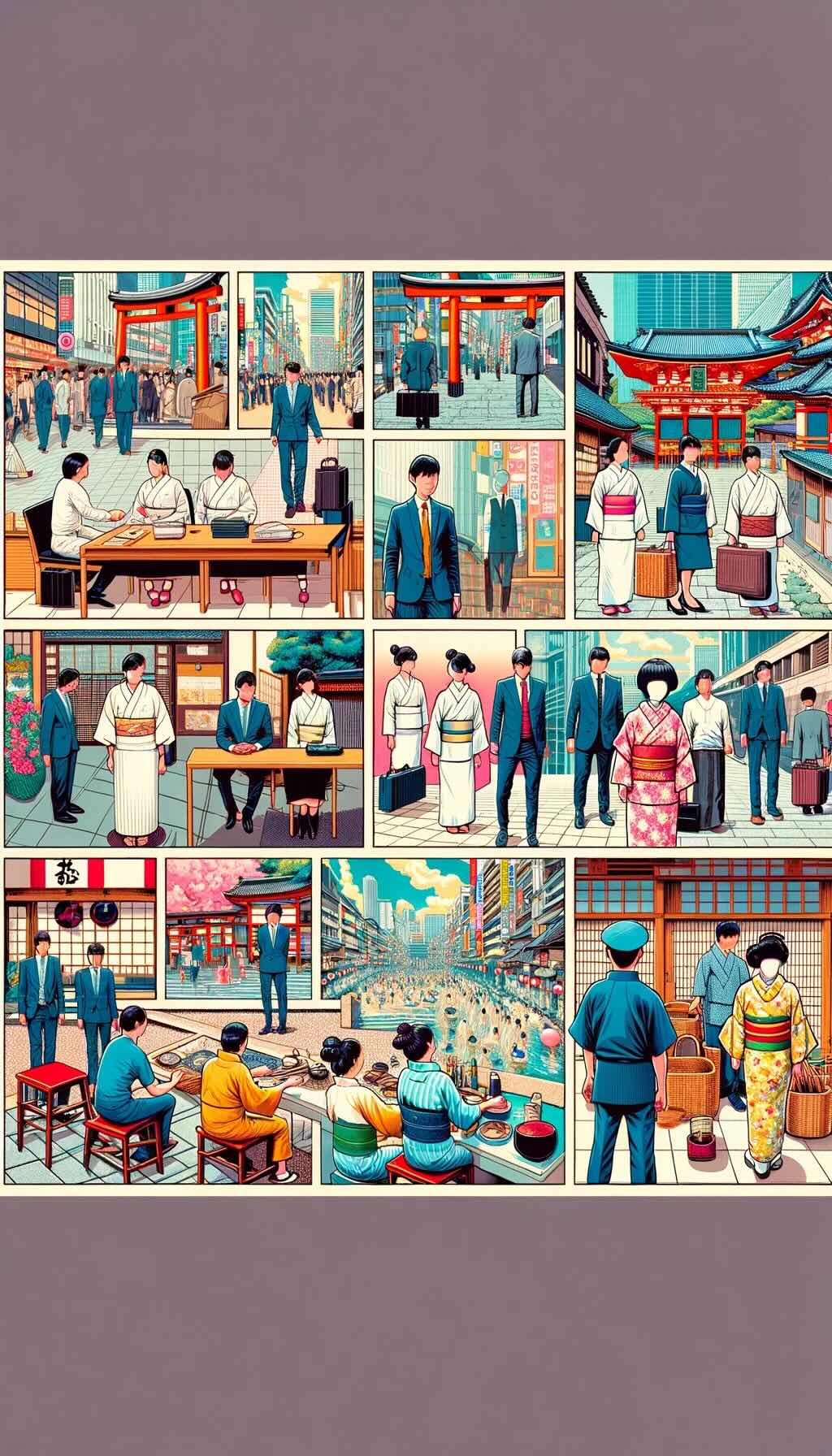 Various dress codes and the importance of neatness and grooming in Japan depicts different settings and the appropriate attire for each: formal business attire in a corporate environment, smart casual for streets, shrines, and temples, and traditional wear like yukatas in onsens or festivals. It highlights the significance of dressing modestly in sacred places. The image shows the value placed on personal grooming and neatness as a form of respect in Japanese culture. Scenes of well-groomed individuals in various scenarios are included, such as service staff, corporate professionals, and the general public, all maintaining an immaculate appearance. This artwork conveys the diversity and importance of dress code and grooming in Japan, capturing the cultural nuances.