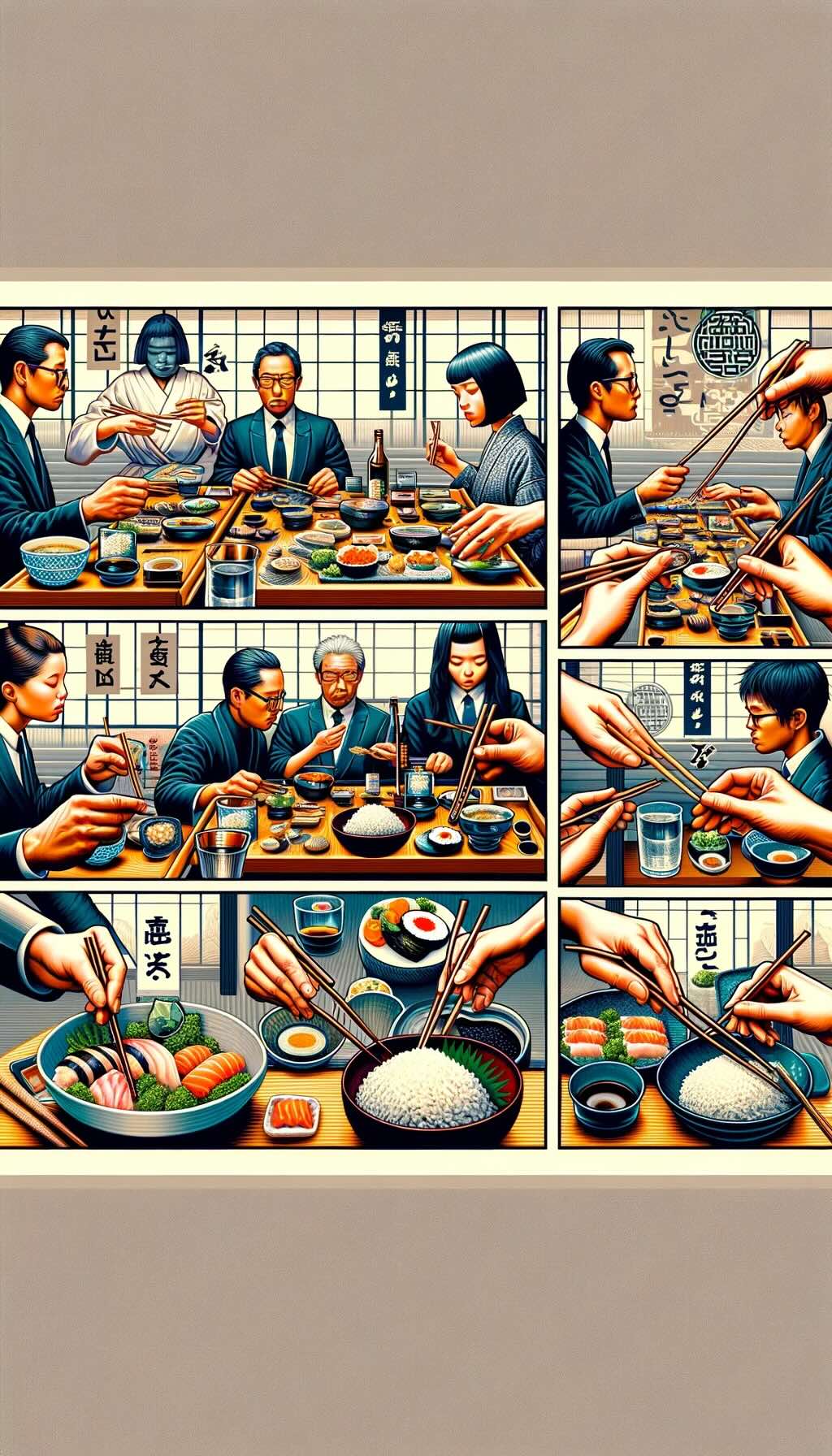 Various taboos in Japanese dining etiquette, scene captures the cultural significance and depth of these dining practices in Japan, emphasizing the importance of respecting these norms.