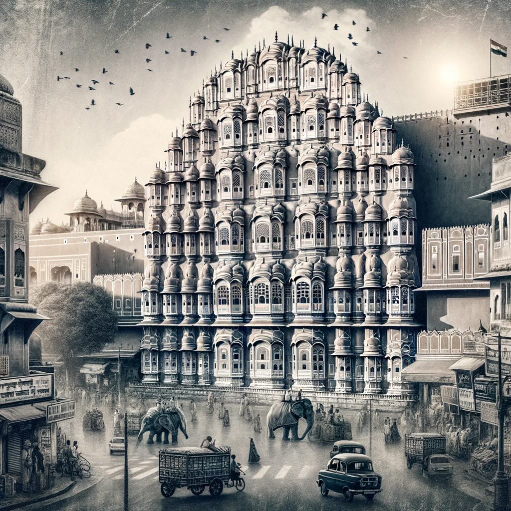 Vibrant essence of Jaipur, focusing on the magnificent Hawa Mahal and the bustling streets, rendered in greyscale to highlight the architectural beauty and the lively atmosphere of the Pink City, without including an elephant.