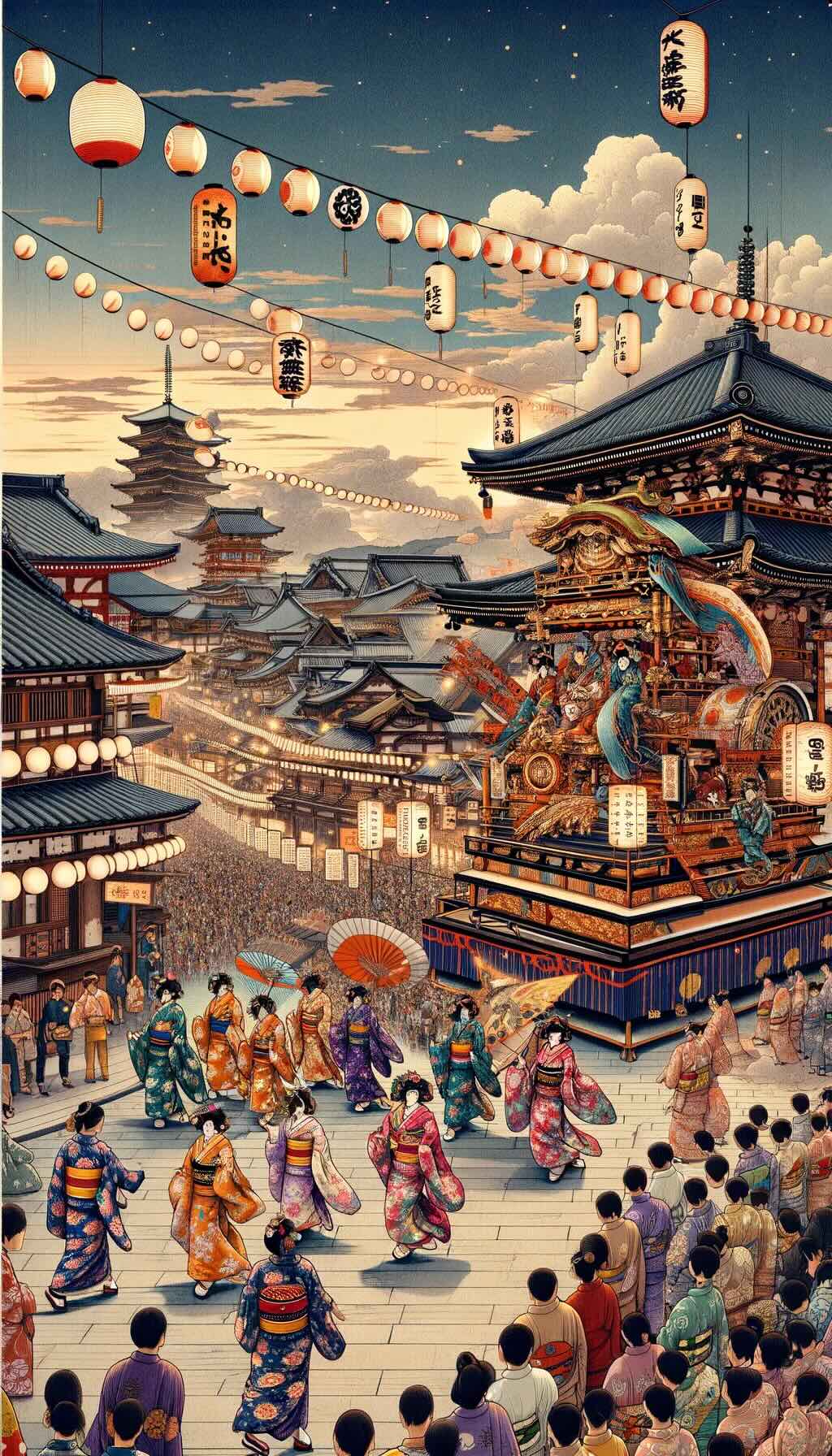 Vibrant scene from a traditional Japanese festival captures the essence of cultural richness, harmoniously blending elements of the past and present