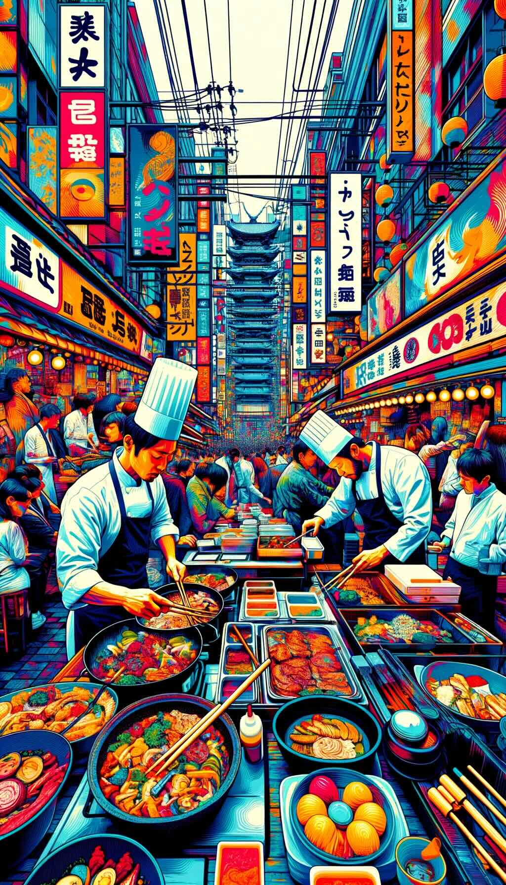 Vibrant street food scene in Osaka, Japan captures the lively essence of places like Dotonbori, Shinsekai, and Kuromon Ichiba Market, highlighting the interaction of chefs, tantalizing aromas, and the excited customers emphasizing the rich cultural and community aspects of Osaka's street food culture