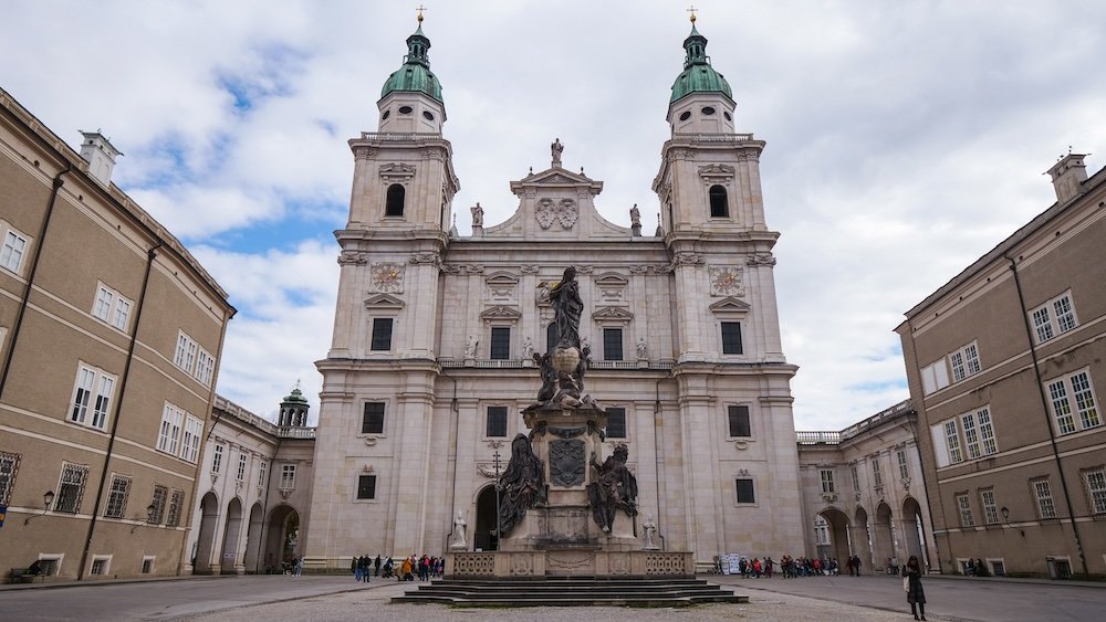 View of Salzburg Cathedral from outside the building in Salzburg, Austria