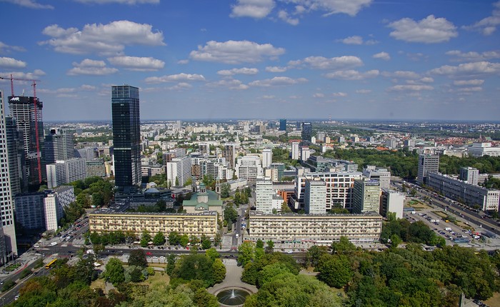 View of Warasw from high atop the Palace of Culture and Science in Poland