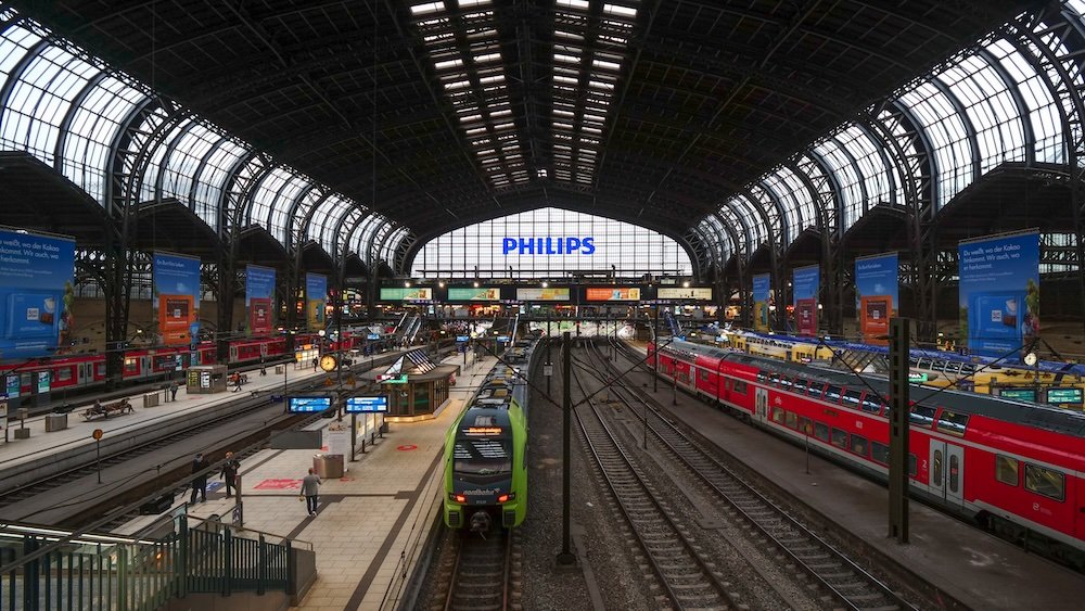 Views and trains inside Schwerin train station in Germany 