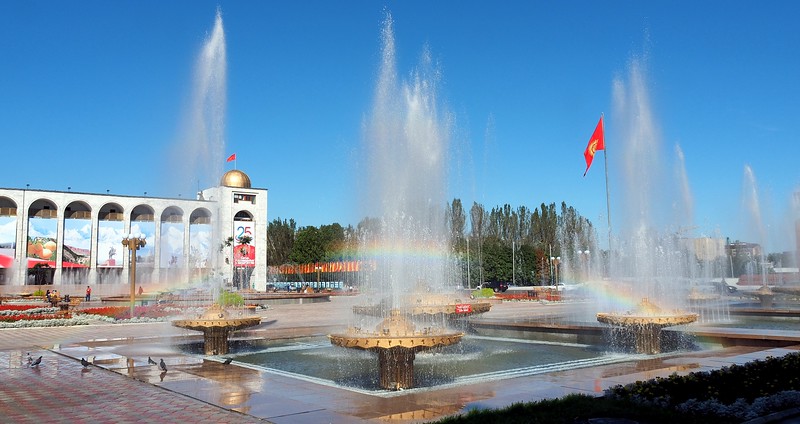 Views from Ala Too Square on a gorgeous sunny day with a rainbow in Bishkek, Kyrgyzstan 