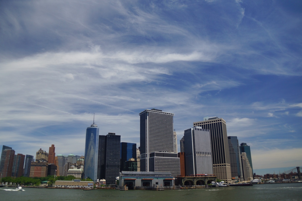 Views of downtown Manhattan Island from the Staten Island Ferry in New York City