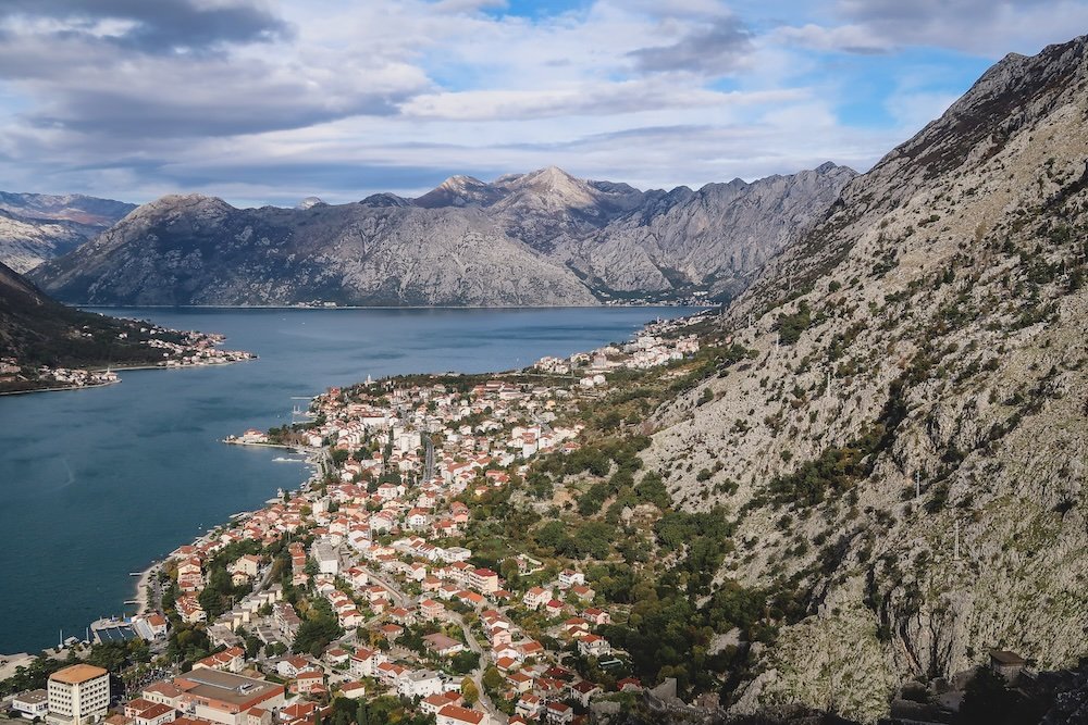 Views of Kotor, Montenegro town from a super distant vantage point 