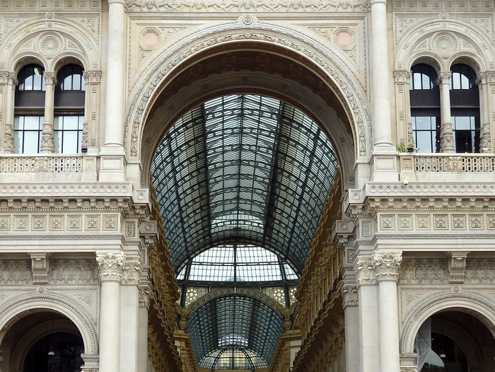 Views of the architecture of the impressive Galleria in Milan, Italy
