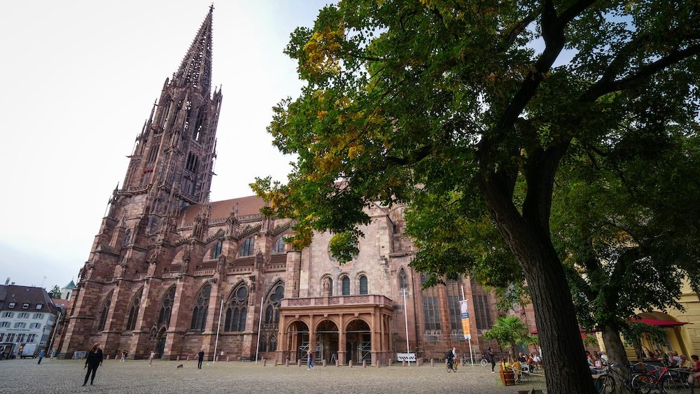 Views of the Munsterplatz and Freiburg Minster from ground level in Freiburg, Germany 