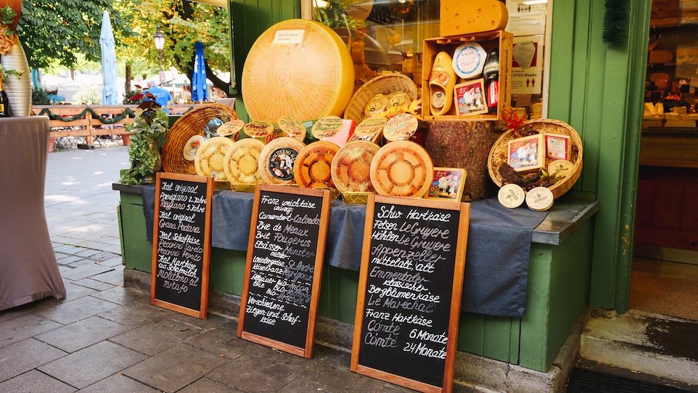 Viktualienmarkt & Biergarten central market gourmet stalls in Munich, Germany 